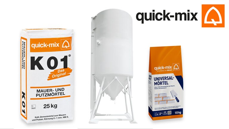 Das Bild zeigt drei Verpackungen der quick-mix Mauer-und Putzmörtel Produktserie